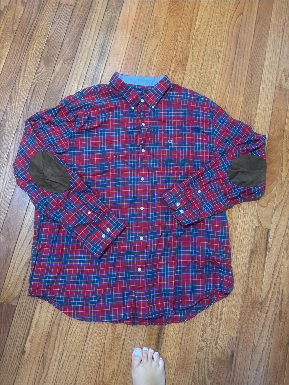 crown & ivy Red Plaid Button-Down Shirt with Brown Elbow Patches